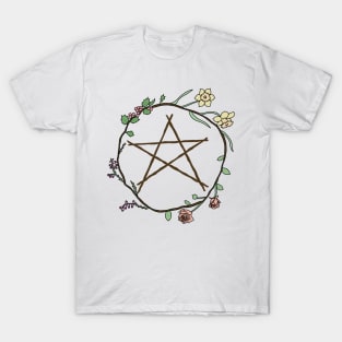 Pentacle surrounded by flowers T-Shirt